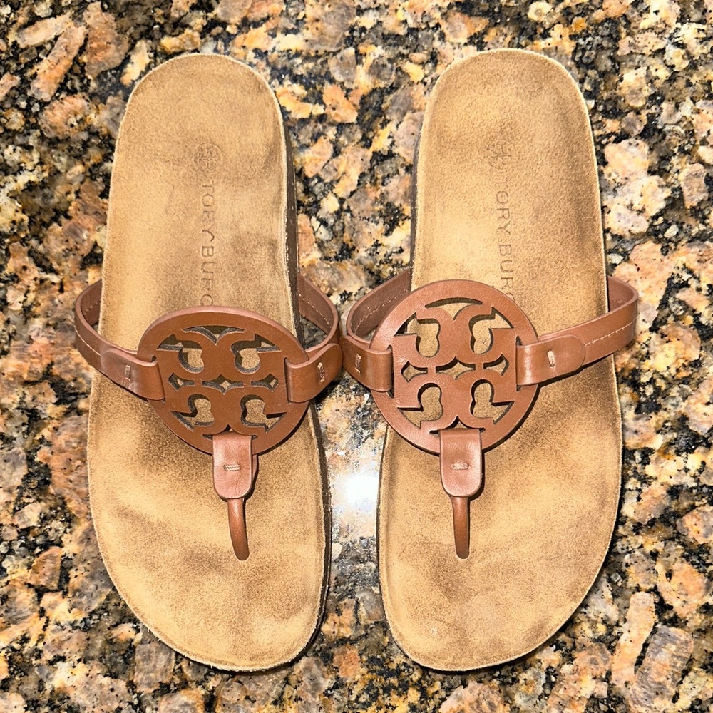 Tory Burch Tan Leather Sandals with Cutout Logo